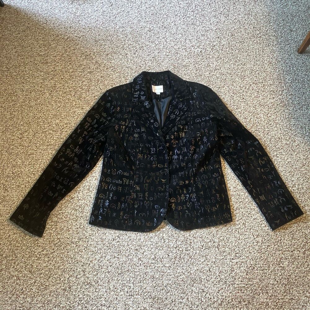 Erin London Vintage Black Velvet Blazer Size L Gold Accent Artsy Art to Wear